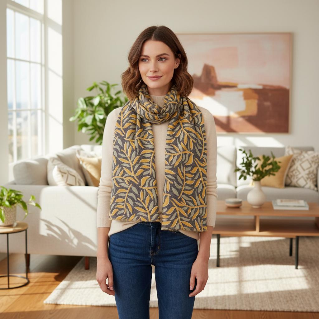 Mustard Leaf Vine Scarf | Grey Gold Botanical Wrap | Women's Autumn Scarf Comes with a gift bag