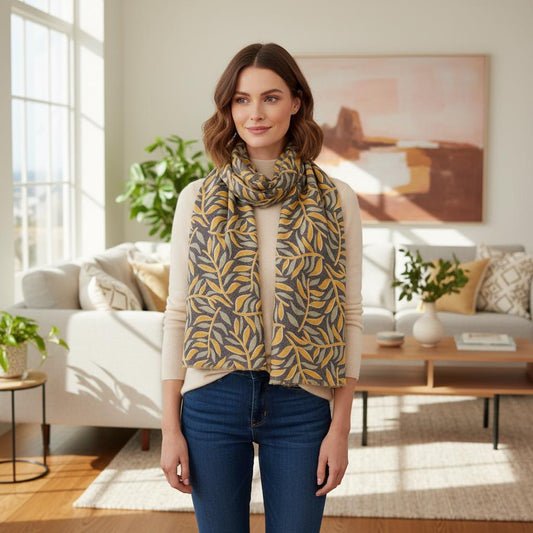 Mustard Leaf Vine Scarf | Grey Gold Botanical Wrap | Women's Autumn Scarf Comes with a gift bag