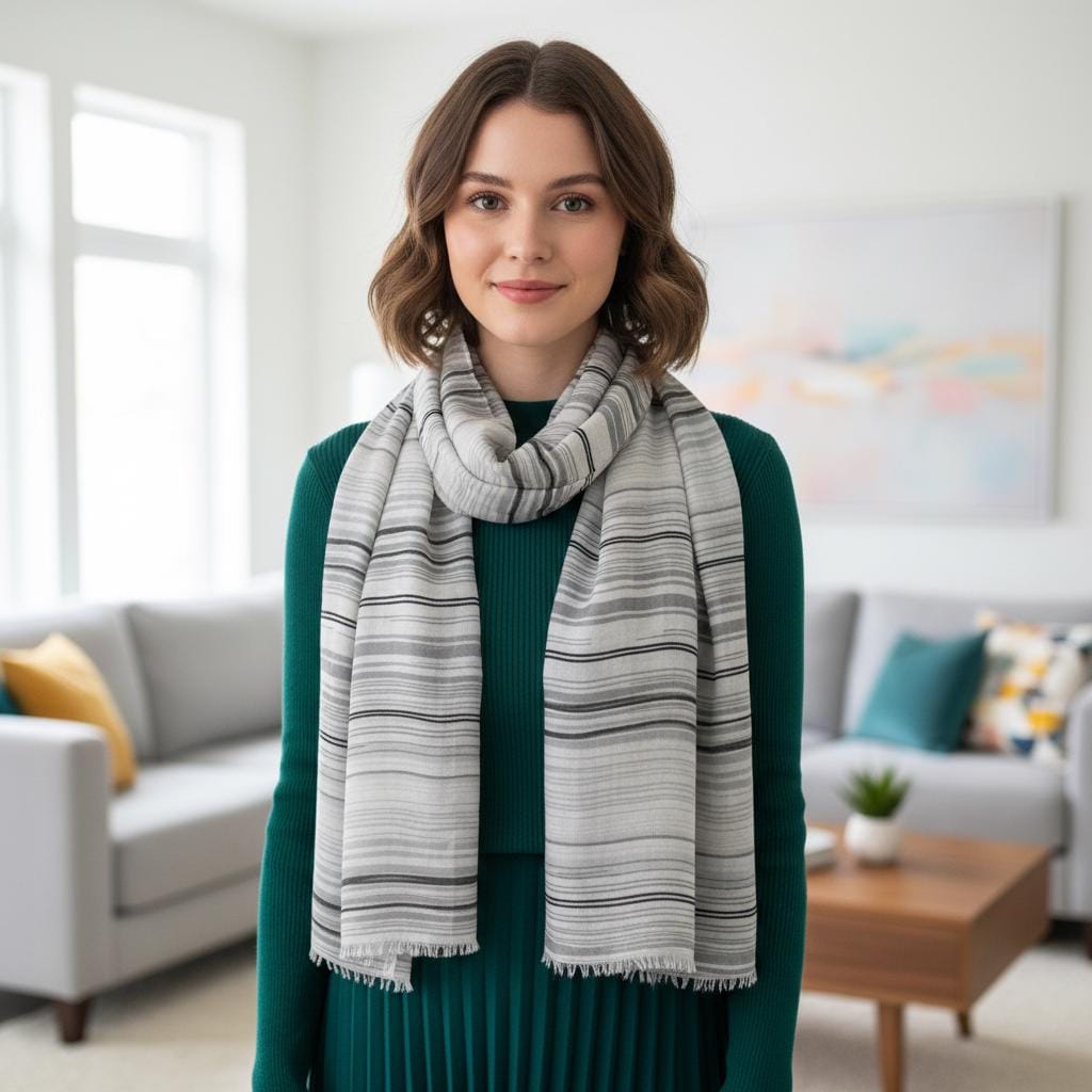 Grey Striped Scarf | Black White Horizontal Stripe Wrap | Women's Scarf Comes with a gift bag