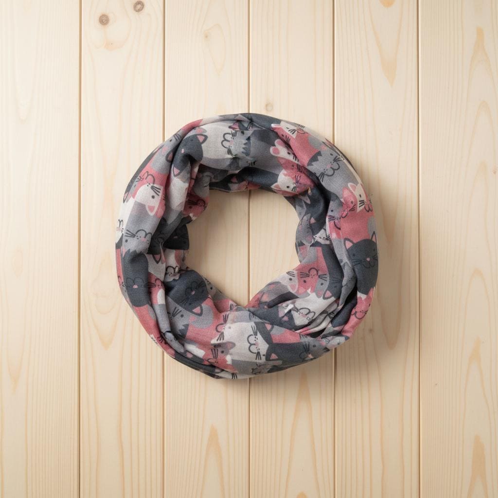 Cat Print Infinity Scarf | Pink Grey Kitty Loop Wrap | Women's Scarf Comes with a gift bag