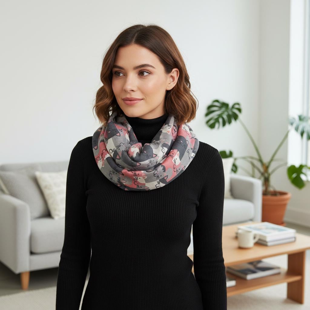 Cat Print Infinity Scarf | Pink Grey Kitty Loop Wrap | Women's Scarf Comes with a gift bag