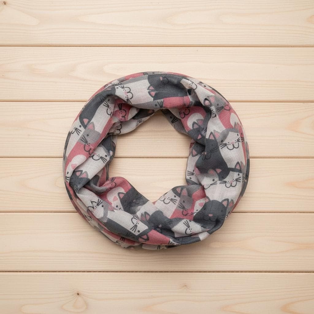 Cat Print Infinity Scarf | Pink Grey Kitty Loop Wrap | Women's Scarf Comes with a gift bag