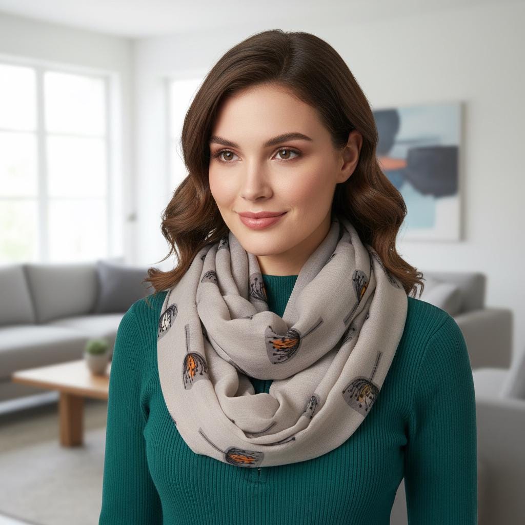 Dandelion Print Infinity Scarf | Grey Orange Loop Wrap | Women's Snood Comes with a gift bag