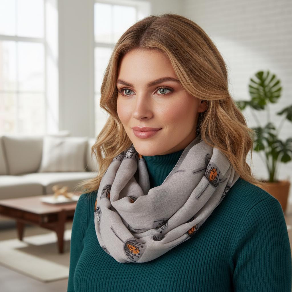 Dandelion Print Infinity Scarf | Grey Orange Loop Wrap | Women's Snood Comes with a gift bag