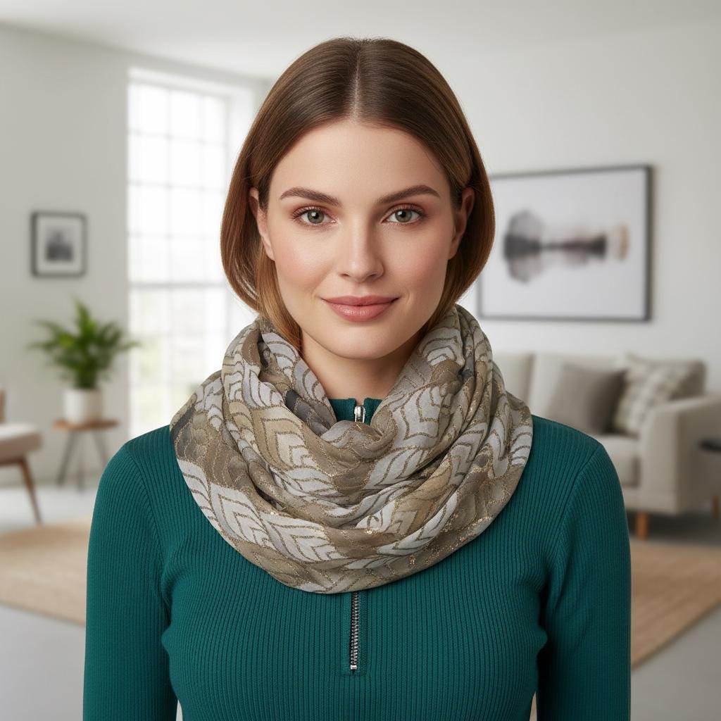 Lightweight Glitter Metallic Geo Print Infinity Scarf | Beige Teal or Pink Loop Wrap Comes with a gift bag