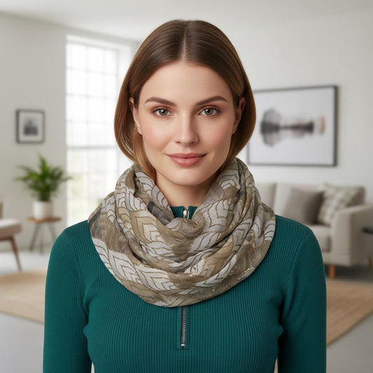 Lightweight Glitter Metallic Geo Print Infinity Scarf | Beige Teal or Pink Loop Wrap Comes with a gift bag