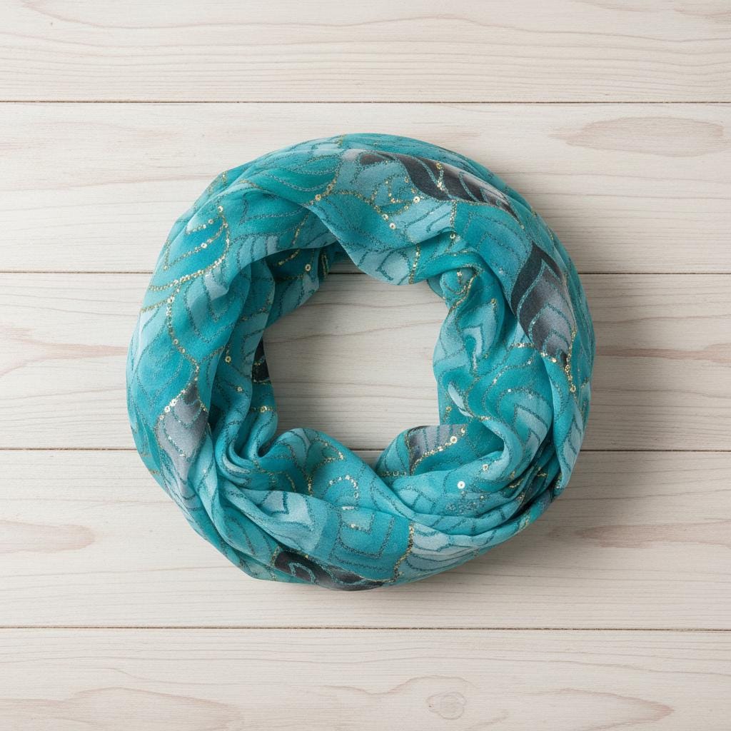 Lightweight Glitter Metallic Geo Print Infinity Scarf | Beige Teal or Pink Loop Wrap Comes with a gift bag