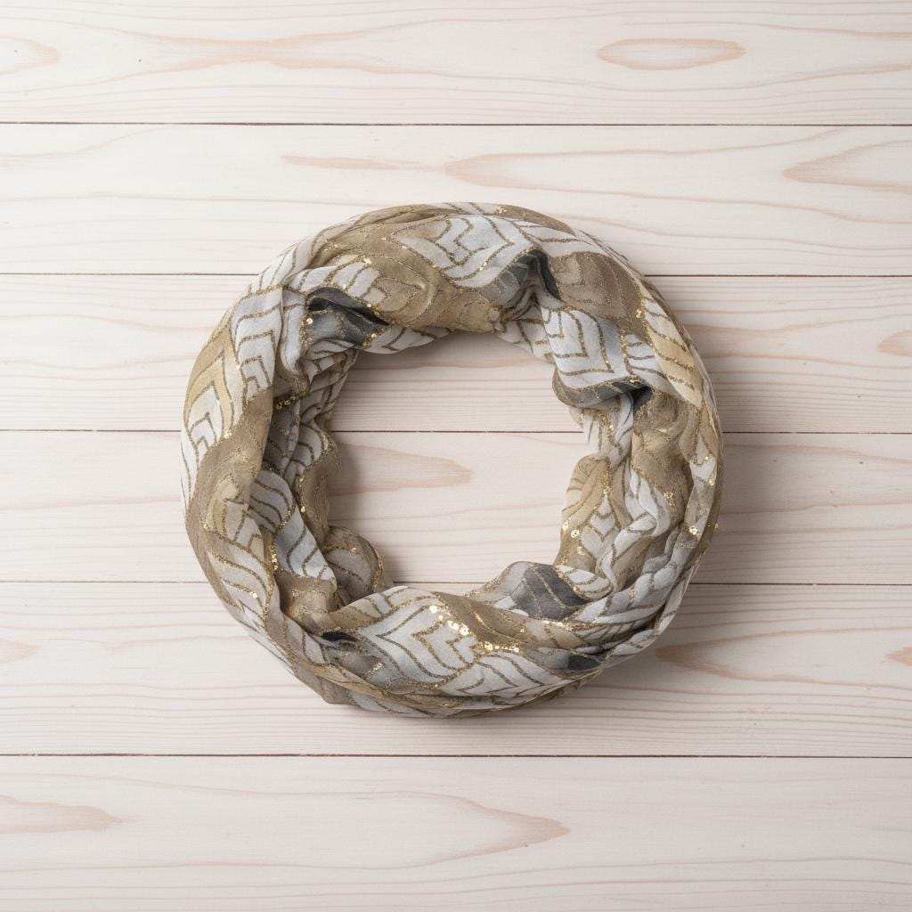 Lightweight Glitter Metallic Geo Print Infinity Scarf | Beige Teal or Pink Loop Wrap Comes with a gift bag