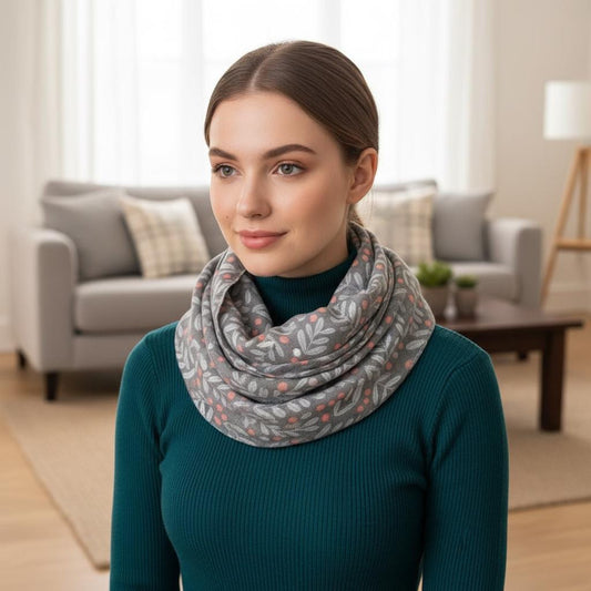 Sprig Berry Print Infinity Scarf | Pink or Grey Loop Wrap | Scarf Comes with a gift bag