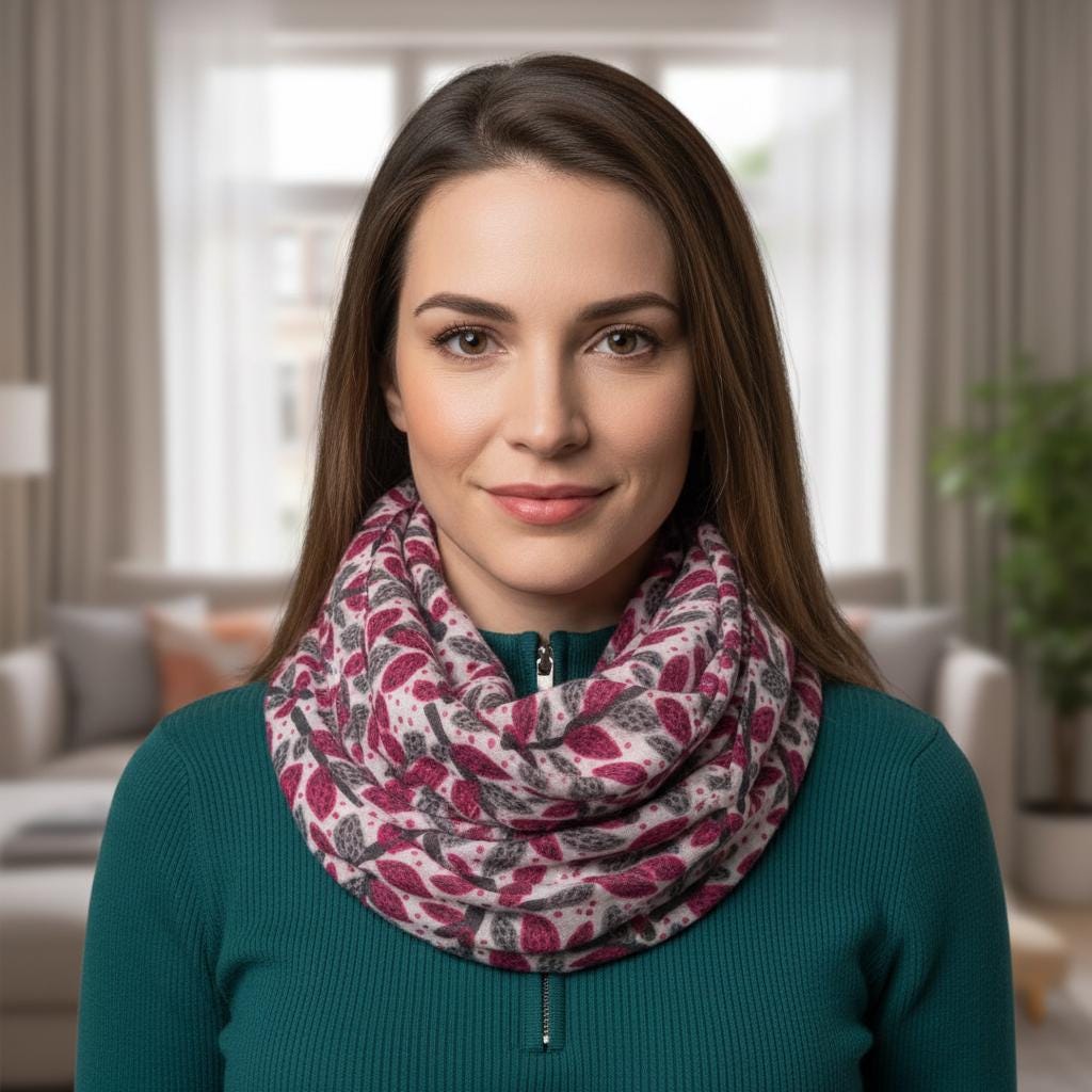 Leaf Print Infinity Scarf | Berry or Red Botanical Loop | Women's Scarf Comes with a gift bag