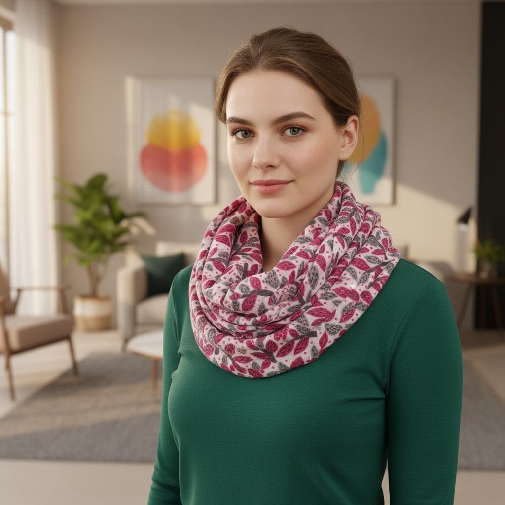 Leaf Print Infinity Scarf | Berry or Red Botanical Loop | Women's Scarf Comes with a gift bag