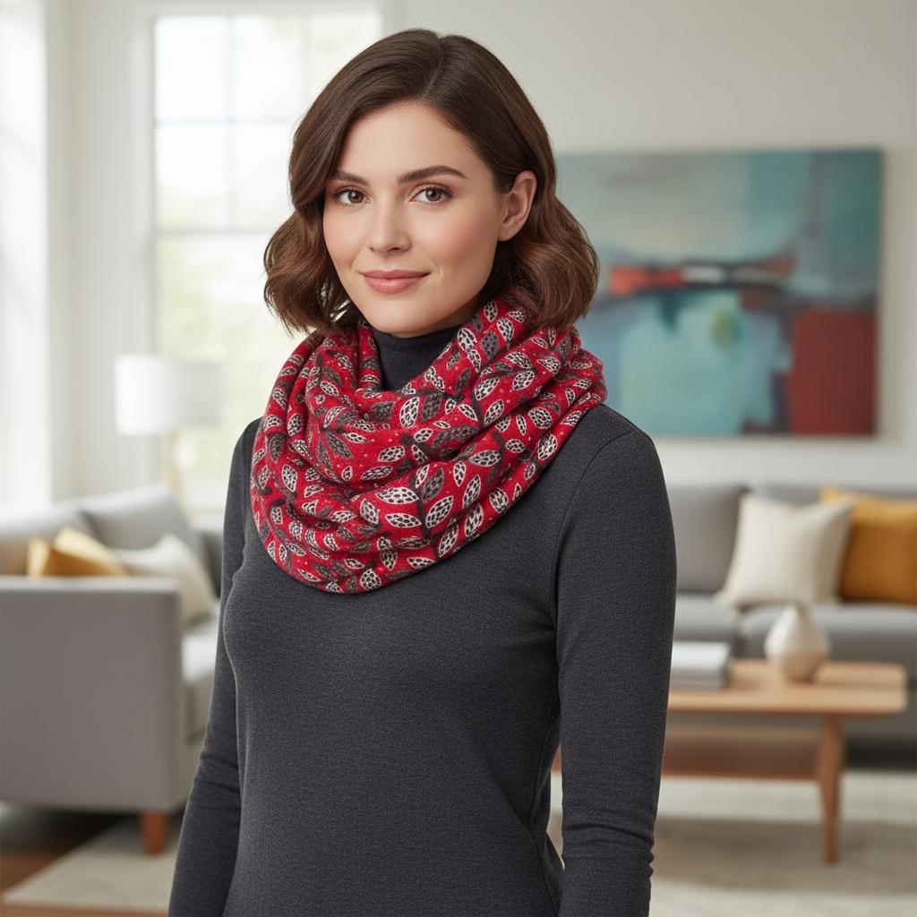 Leaf Print Infinity Scarf | Berry or Red Botanical Loop | Women's Scarf Comes with a gift bag