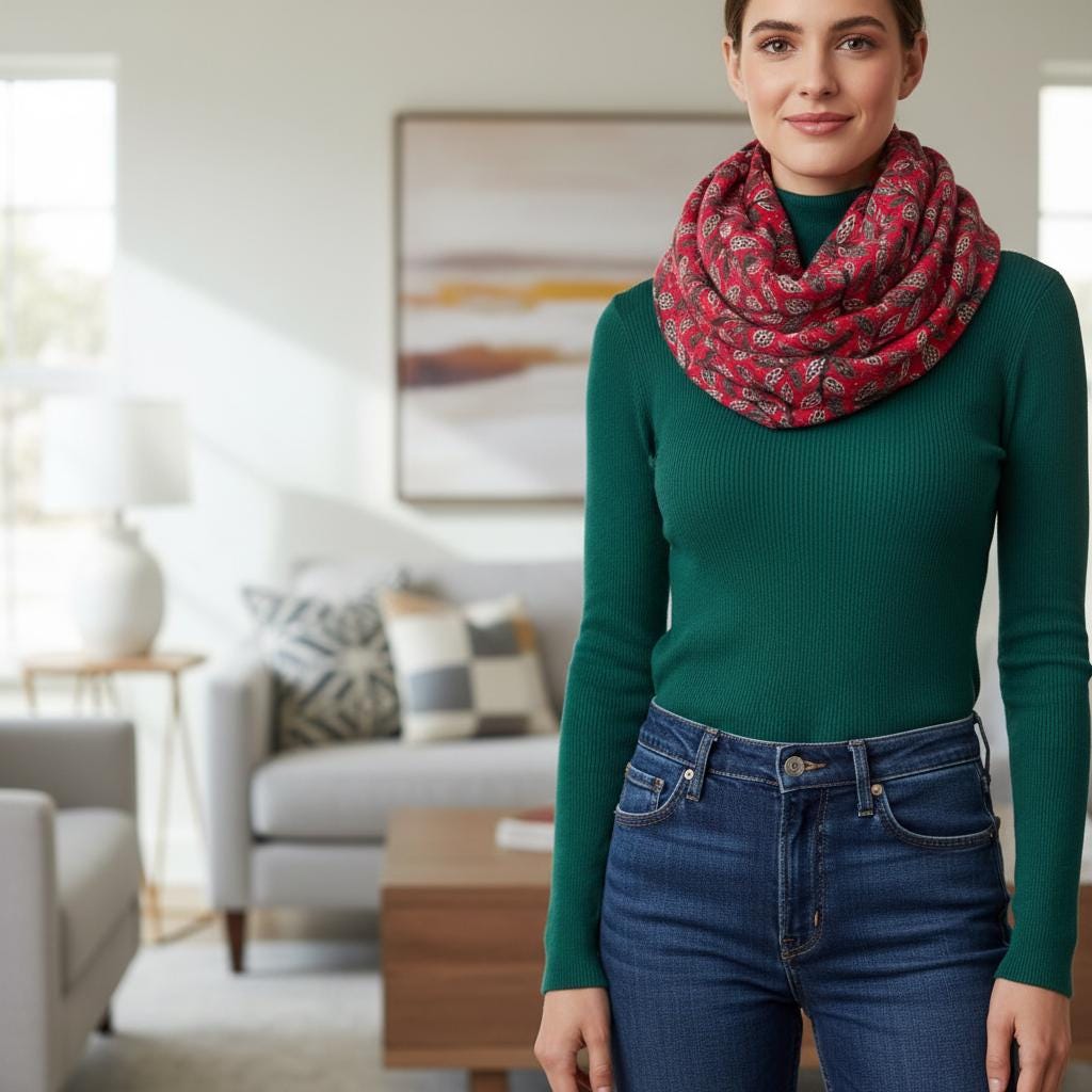Leaf Print Infinity Scarf | Berry or Red Botanical Loop | Women's Scarf Comes with a gift bag