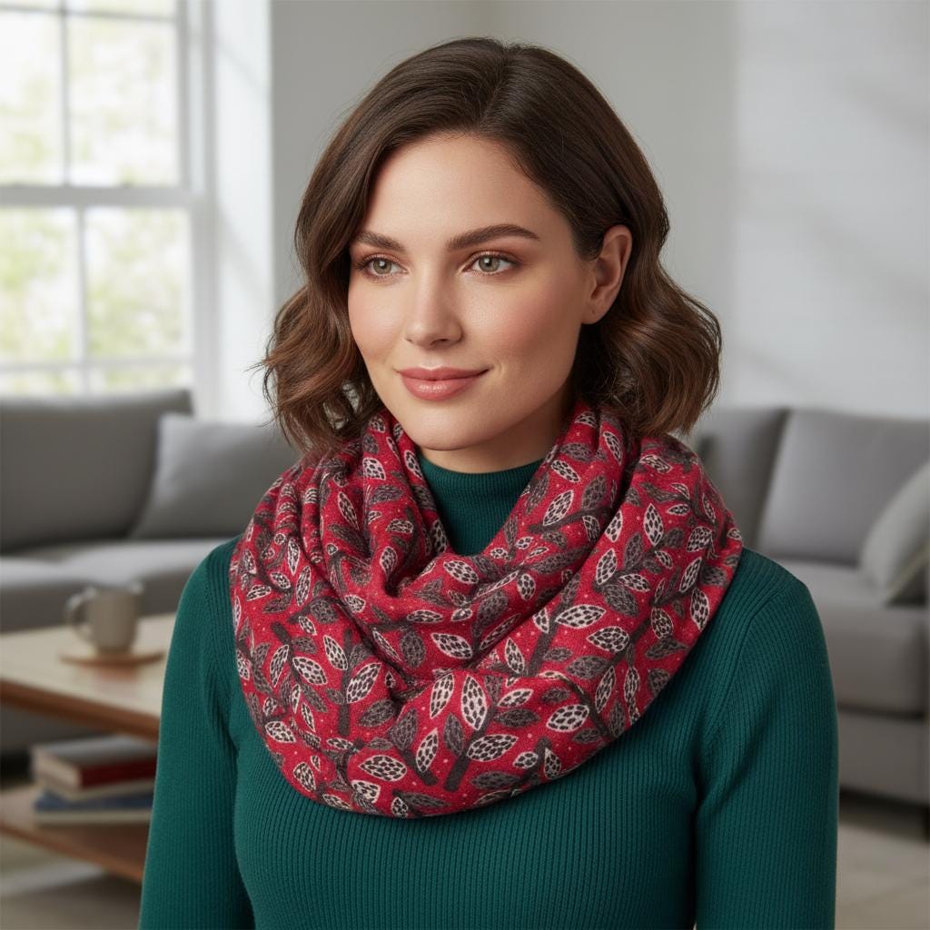 Leaf Print Infinity Scarf | Berry or Red Botanical Loop | Women's Scarf Comes with a gift bag