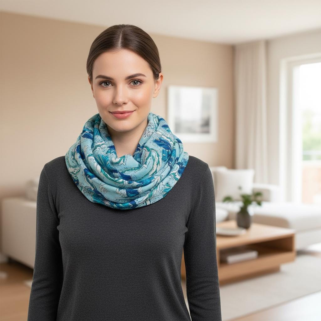 Teal Floral Print Infinity Scarf | Botanical Poppy Loop | Women's Scarf Comes with a gift bag