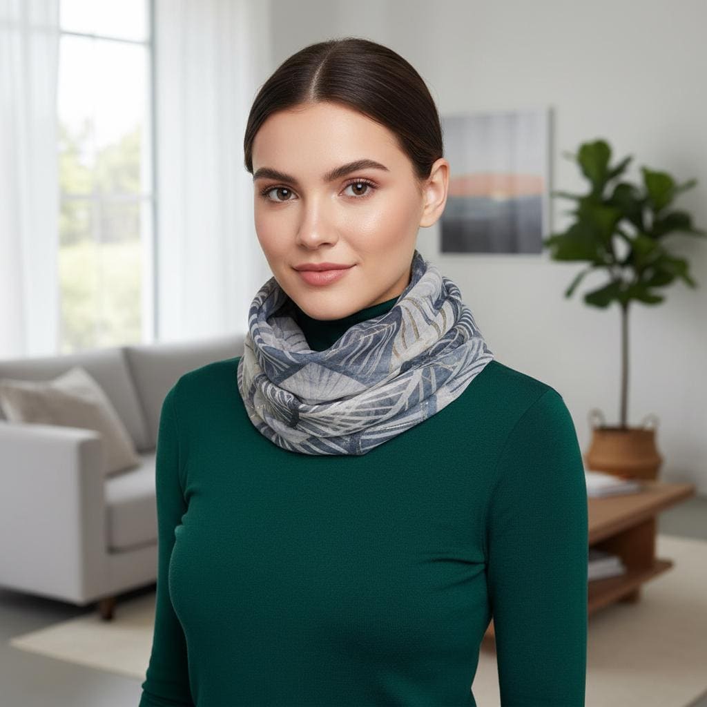 Grey Navy Leaf Print Infinity Scarf | Gold Metallic Loop | Scarf with a gift bag
