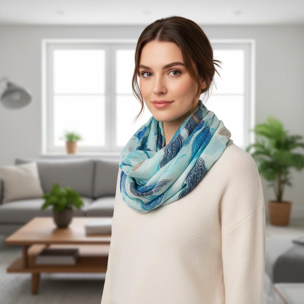 Mint Leaf Print Infinity Scarf | Blue Teal Gold Loop | Scarf Comes with a gift bag