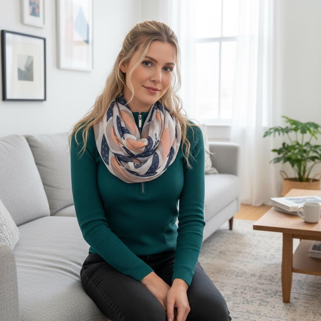 Leaf Print Infinity Scarf | Navy Peach Botanical Loop | Women's Scarf Comes with a gift bag