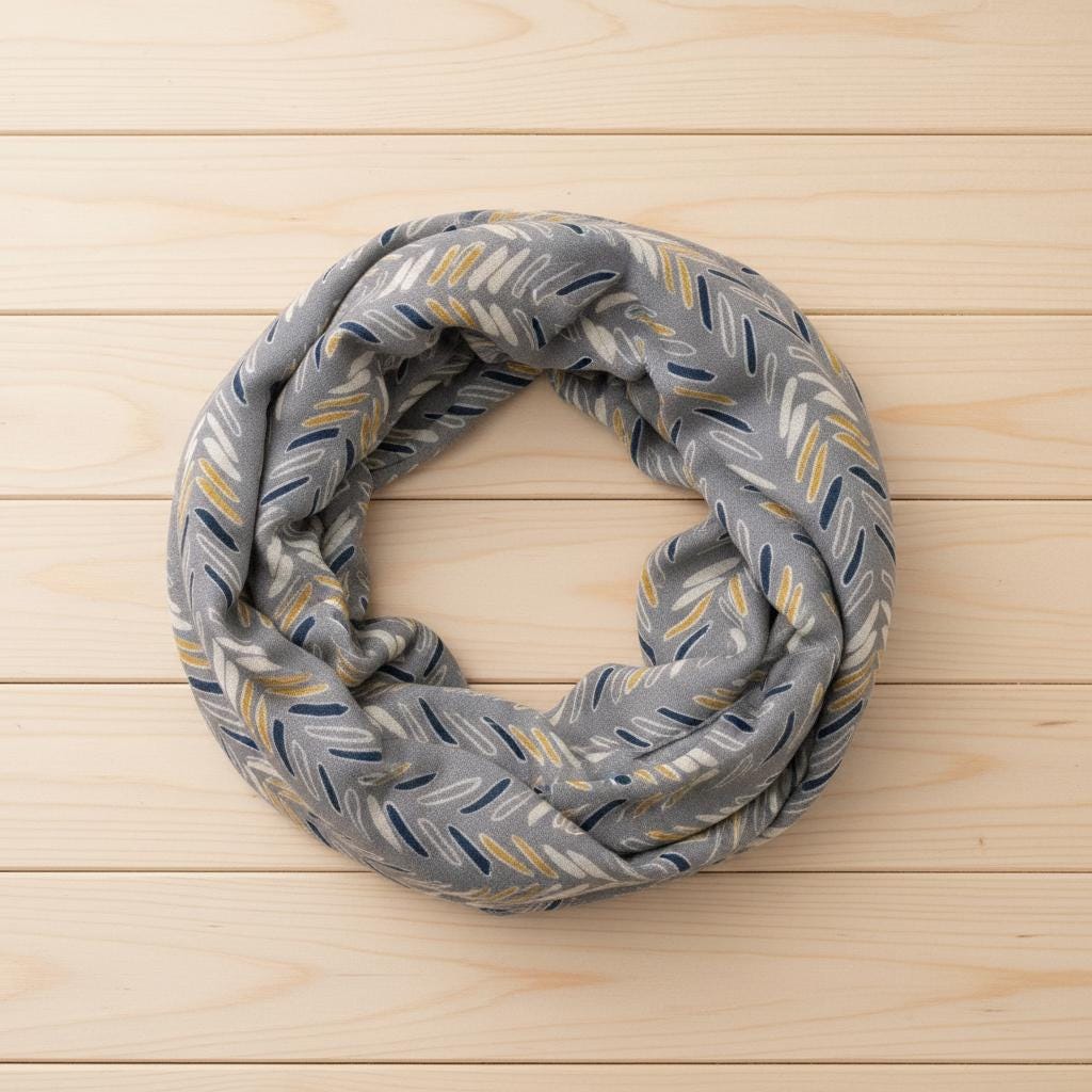 Grey Leaf Print Infinity Scarf | Navy Mustard Loop Wrap | Scarf Comes with a gift bag