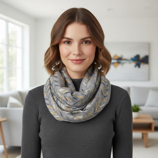 Grey Leaf Print Infinity Scarf | Navy Mustard Loop Wrap | Scarf Comes with a gift bag