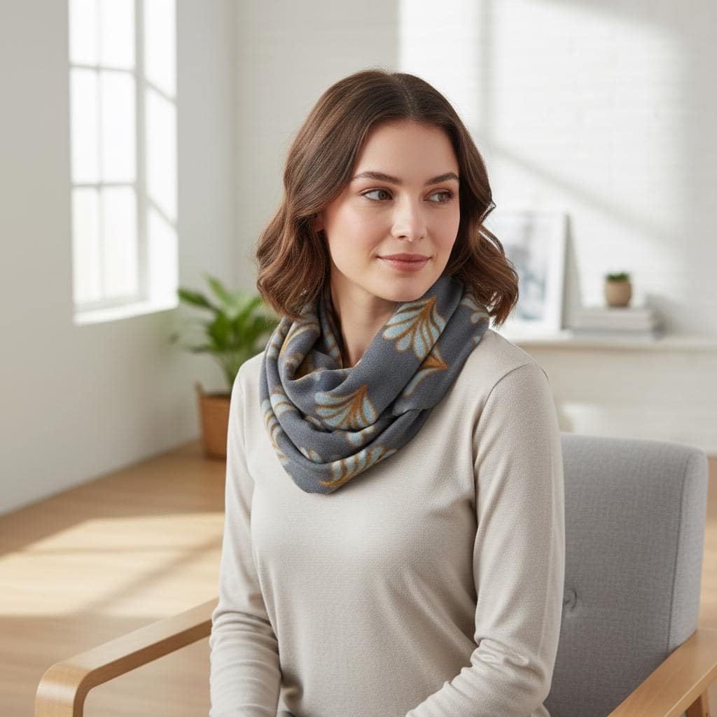 Art Deco Leaf Print Infinity Scarf | Grey Gold Loop Wrap | Scarf Comes with a gift bag