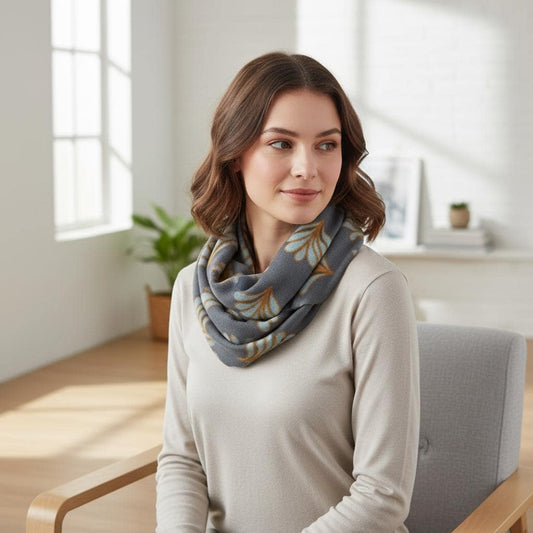 Art Deco Leaf Print Infinity Scarf | Grey Gold Loop Wrap | Scarf Comes with a gift bag