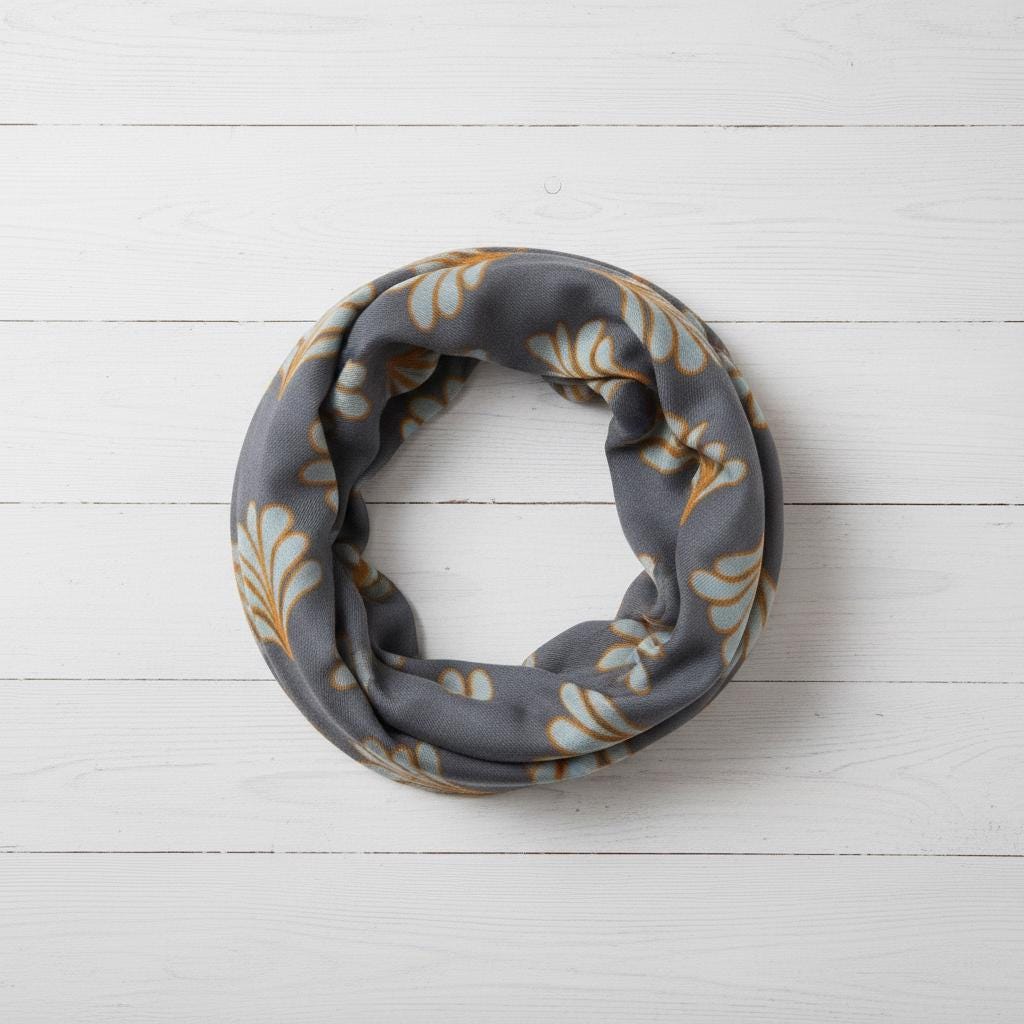 Art Deco Leaf Print Infinity Scarf | Grey Gold Loop Wrap | Scarf Comes with a gift bag