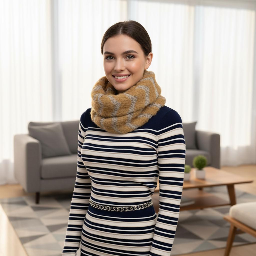 Fuzzy Zigzag Knitted Snood | Silver Metallic Winter Loop Scarf For Winter Comes with a gift bag
