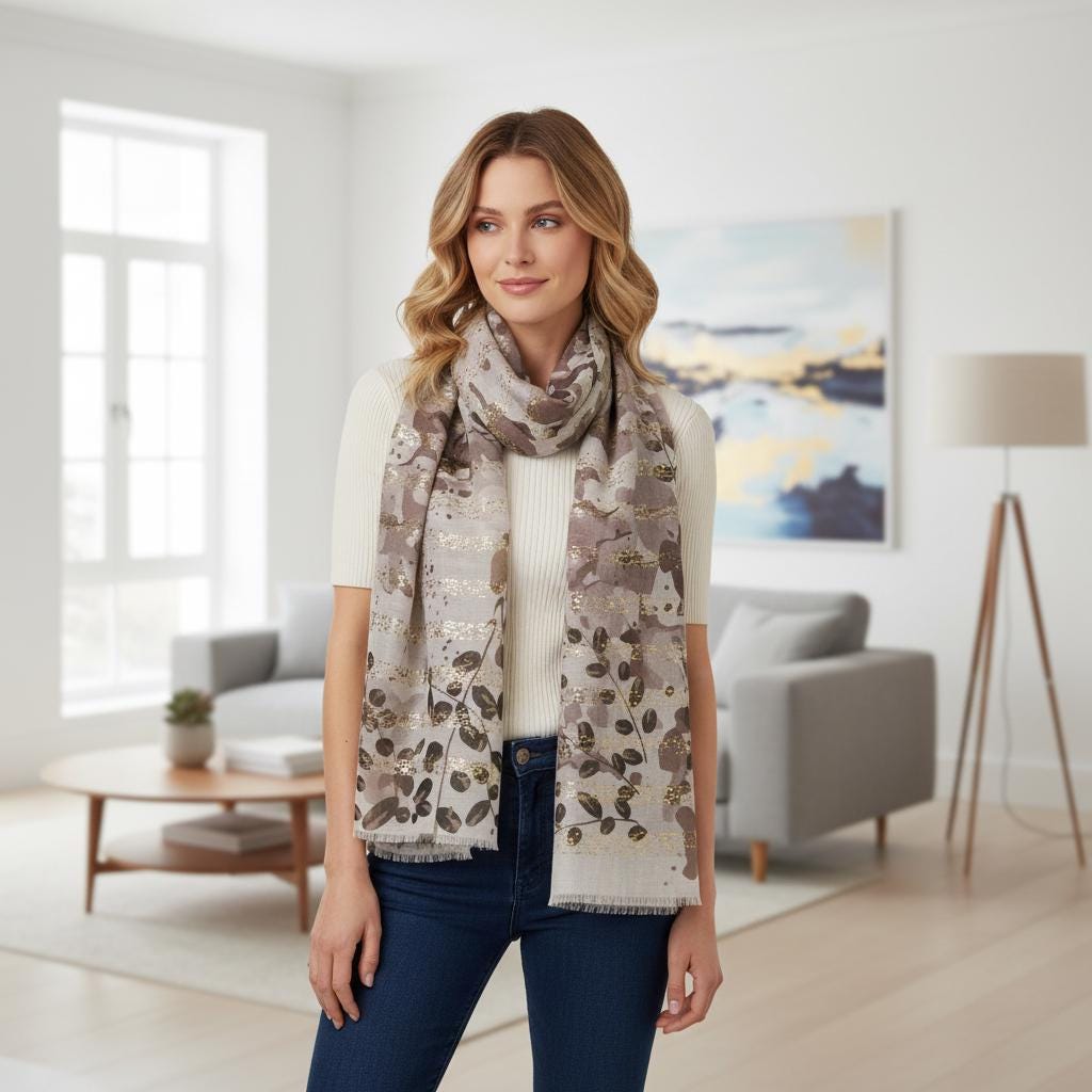 Grey Leaf Gold Foil Print Scarf | Women's Scarf Comes with a gift bag