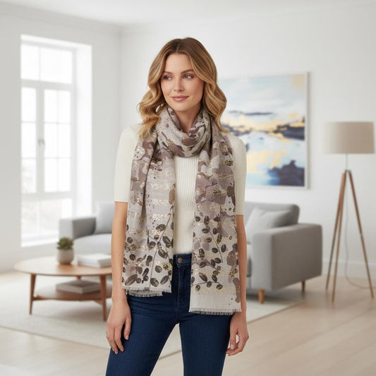 Grey Leaf Gold Foil Print Scarf | Women's Scarf Comes with a gift bag