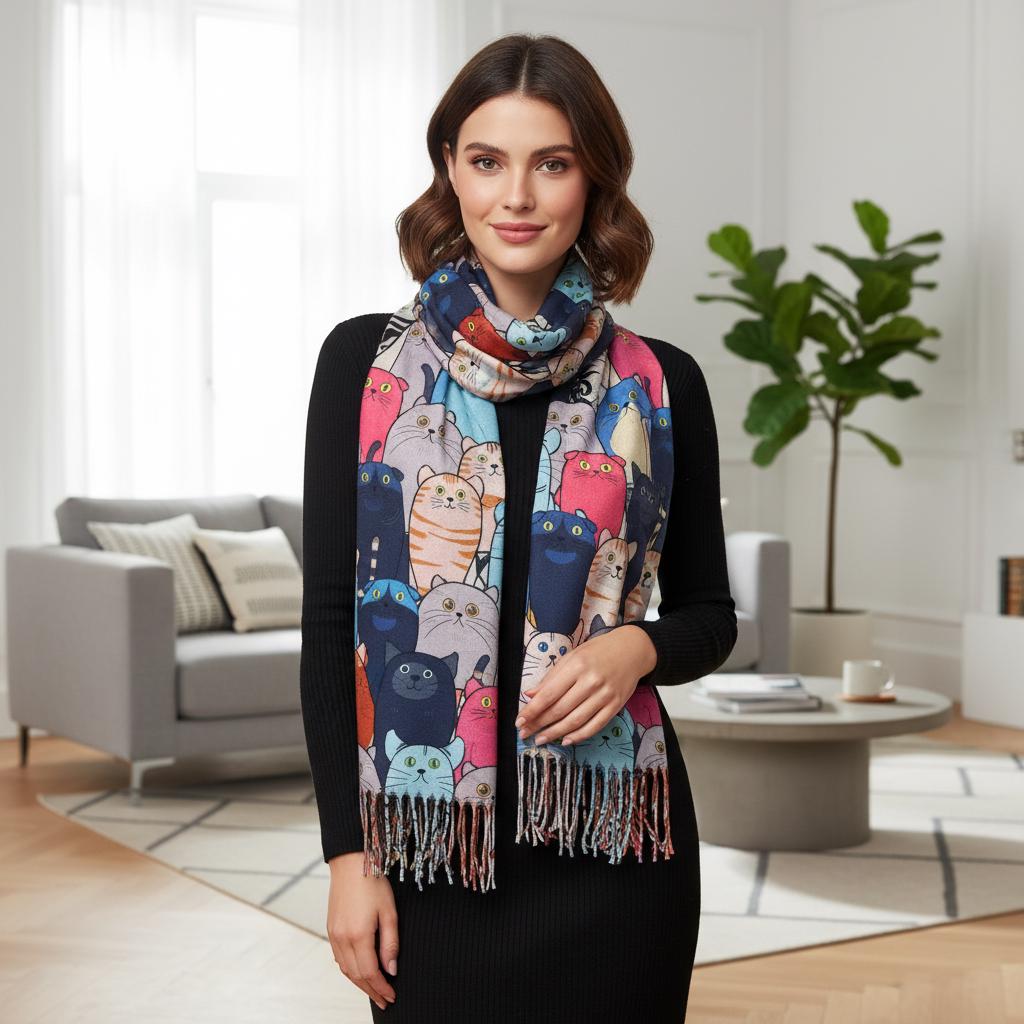 Cat Print Scarf: Cashmere Feel Shawl with Tassels Comes with a gift bag