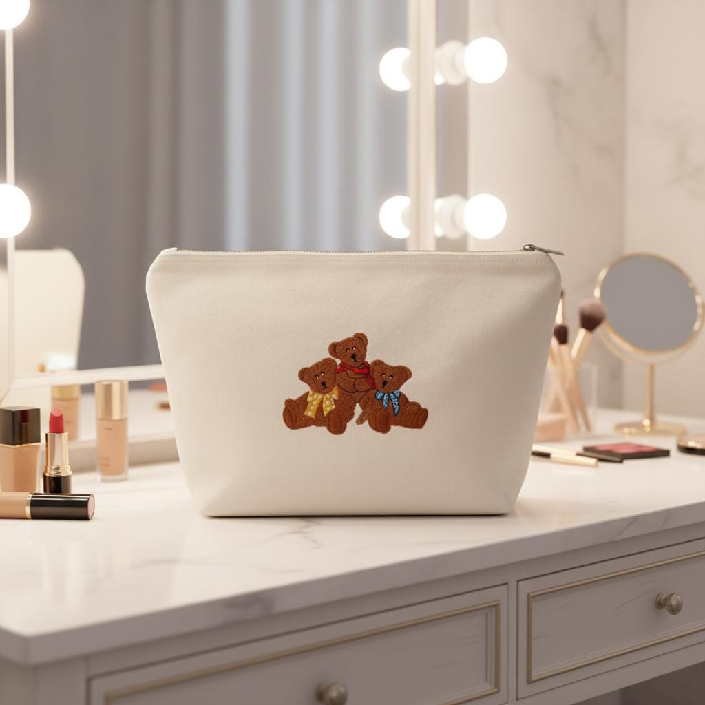 Embroidered Teddy Bear Zip Pouch | Canvas Makeup Bag | Cute Bear Cosmetic Bag | Gift for Her | Kids Toiletry Bag