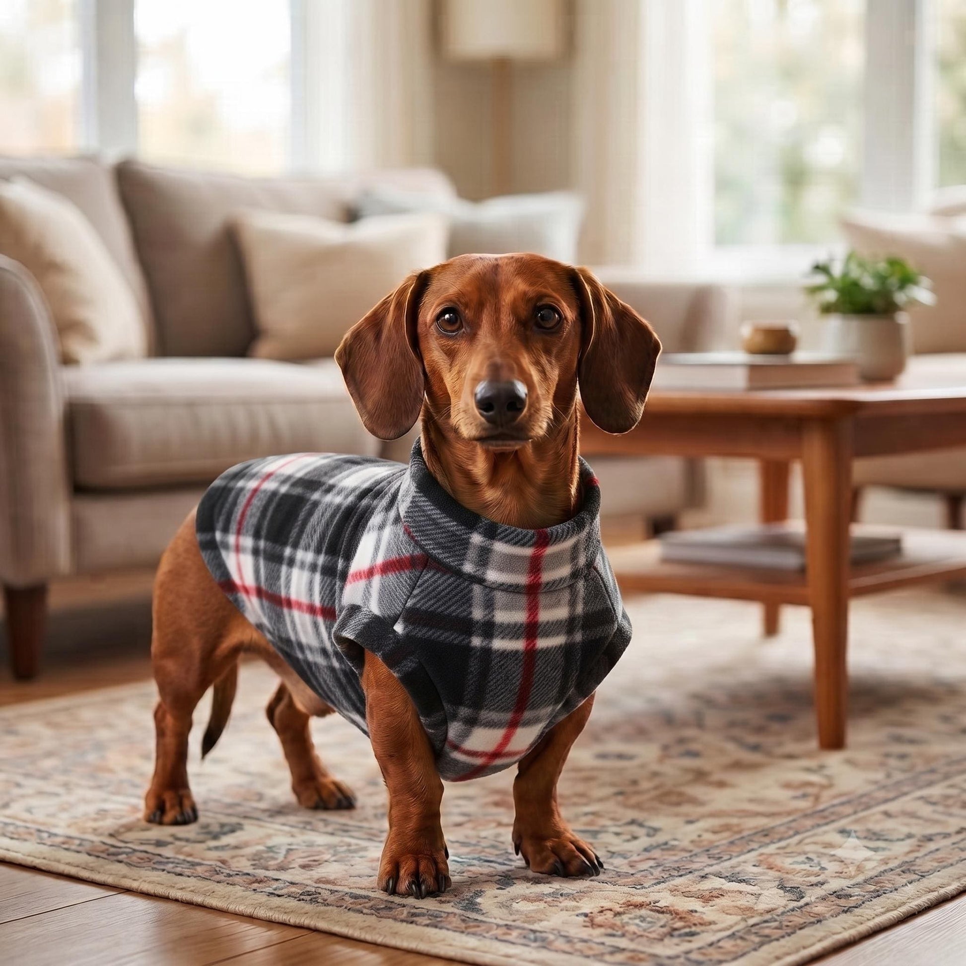 Sausage Dog Fleece Sweater | Dachshund Plaid Jumper | Warm Dog Coat | Soft Winter Pet Clothing | Small Dog Pullover