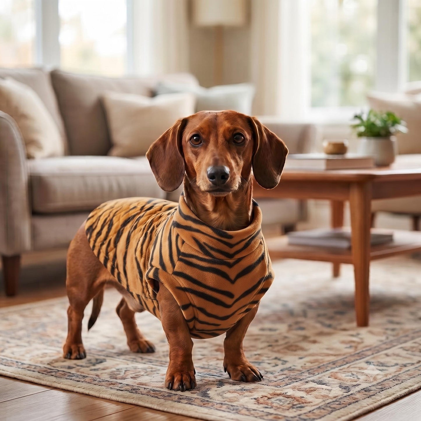 Tiger Print Fleece Dog Coat | Wiener Dog Sweater | Dachshund Clothes | Cozy Pet Pullover