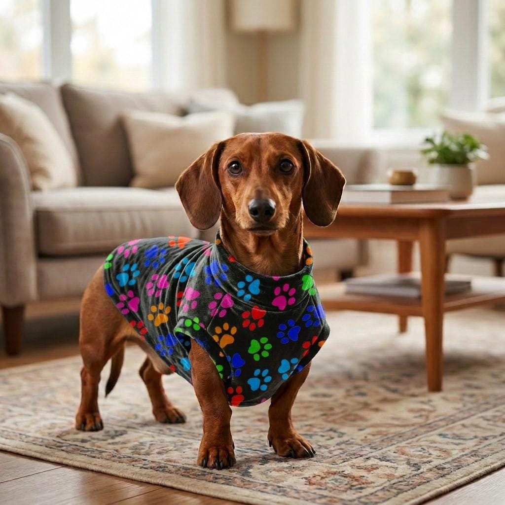 Sausage Dog Fleece Sweater | Dachshund Paw Print Jumper | Warm Dog Coat | Soft Winter Pet Clothing | Small Dog Pullover