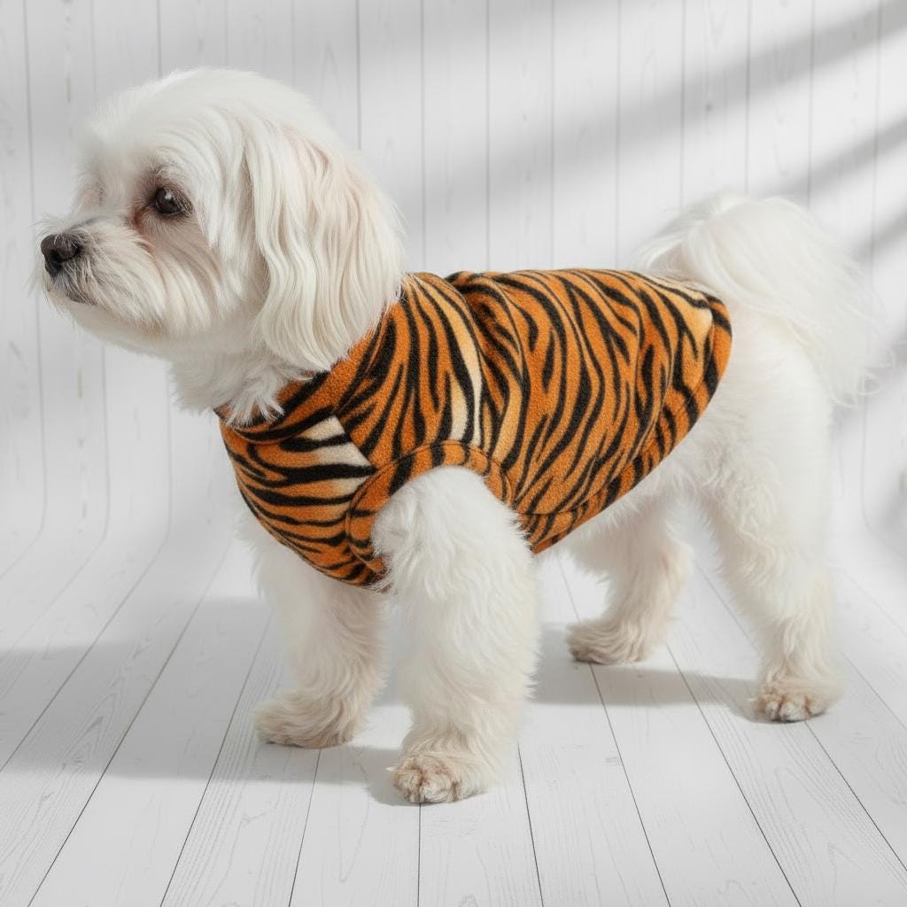 Tiger Print Fleece Dog Coat | Soft Warm Pet Sweater Vest | Cozy Puppy Jacket