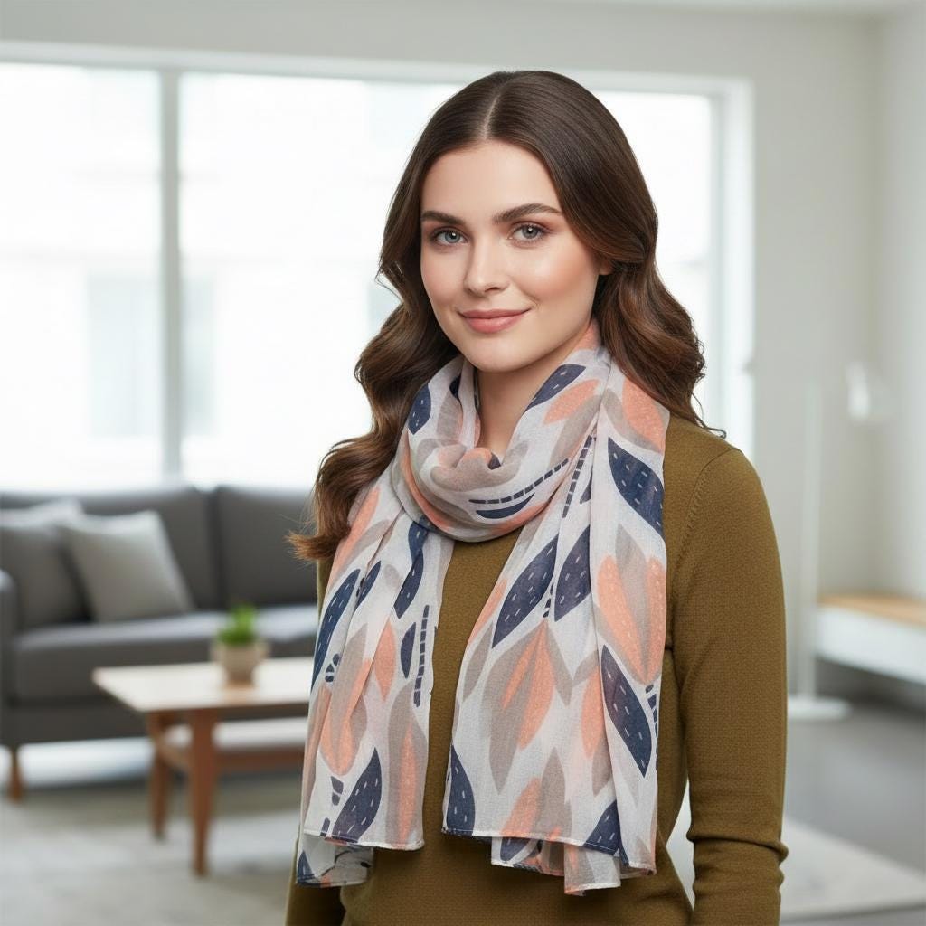 Lightweight Leaf Print Scarf | Navy Peach Floral Wrap | Women's Fashion Scarf Comes with a gift bag