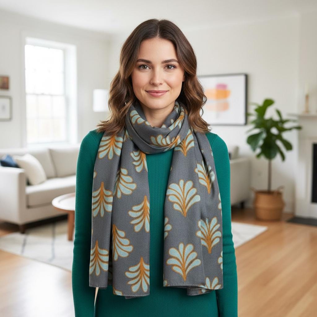 Grey Leaf Print Scarf | Blue Gold Botanical Wrap | Women's Fashion Scarf Comes with a gift bag
