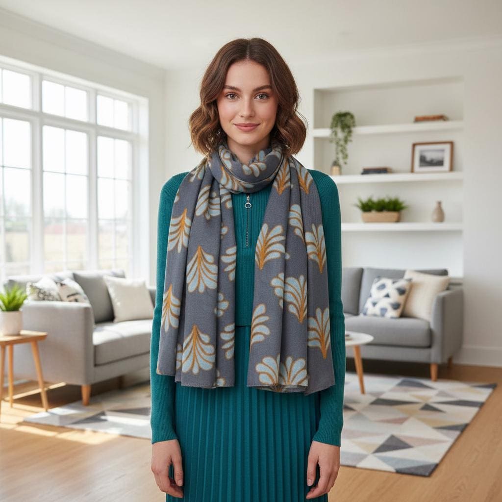 Grey Leaf Print Scarf | Blue Gold Botanical Wrap | Women's Fashion Scarf Comes with a gift bag