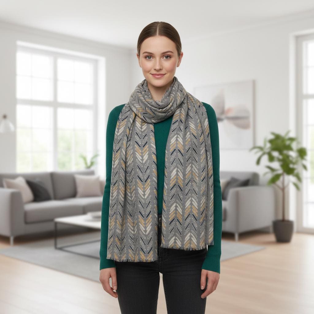 Grey Chevron Print Scarf | Mustard Navy Arrow Wrap | Women's Winter Scarf Comes with a gift bag