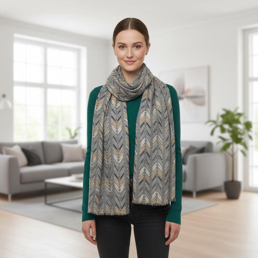 Grey Chevron Print Scarf | Mustard Navy Arrow Wrap | Women's Winter Scarf Comes with a gift bag