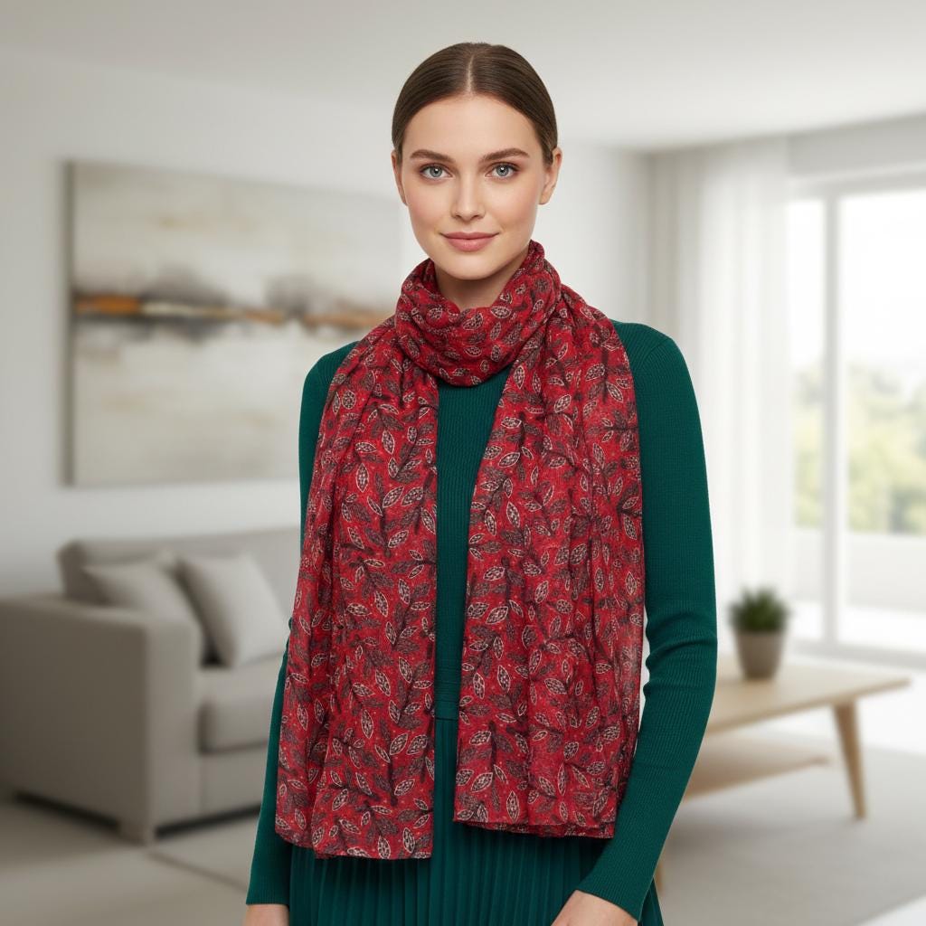 Lightweight Leaf Print Scarf | Red Berry Floral Wrap | Women's Fashion Scarf Comes with a gift bag
