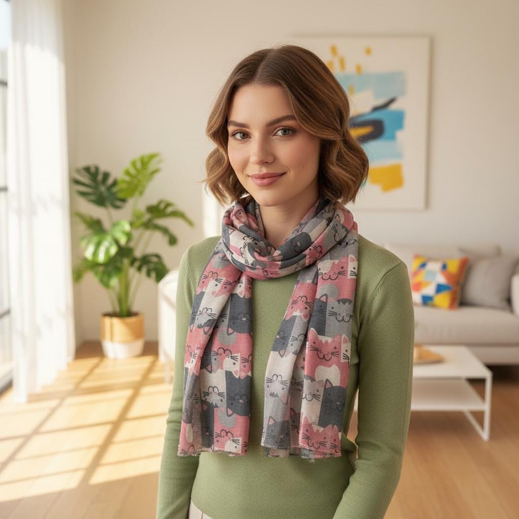 Cute Cat Print Scarf | Pink Grey Kitty Wrap | Women's Fun Fashion Scarf Comes with a gift bag