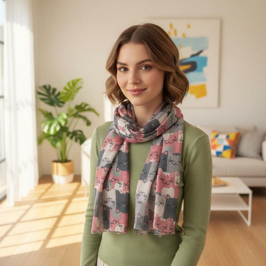 Cute Cat Print Scarf | Pink Grey Kitty Wrap | Women's Fun Fashion Scarf Comes with a gift bag
