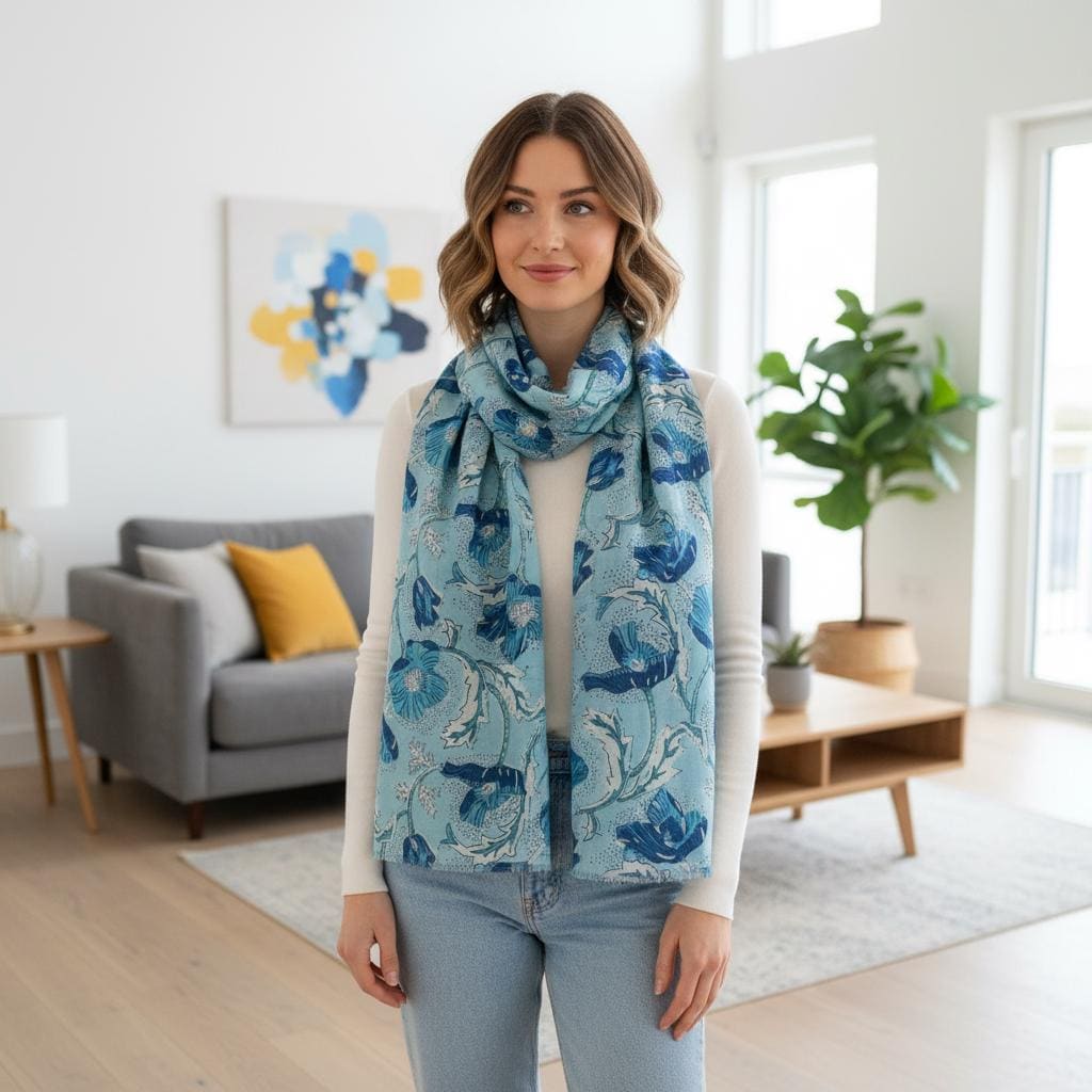 Blue Floral Print Scarf | Botanical Poppy Wrap | Women's Lightweight Scarf Comes with a gift bag