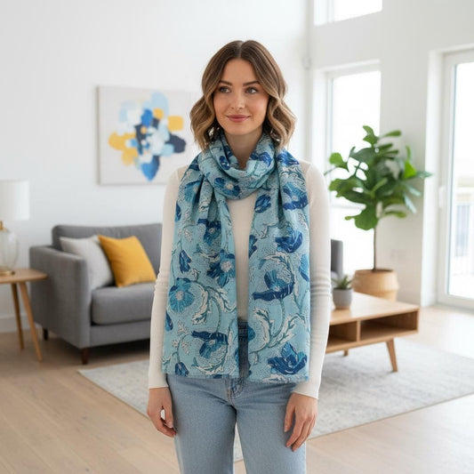 Blue Floral Print Scarf | Botanical Poppy Wrap | Women's Lightweight Scarf Comes with a gift bag