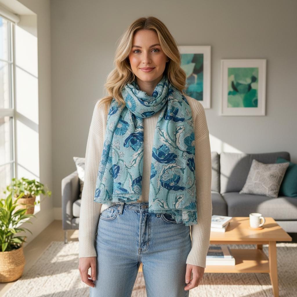 Blue Floral Print Scarf | Botanical Poppy Wrap | Women's Lightweight Scarf Comes with a gift bag