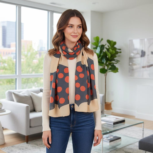 Bold Polka Dot Scarf | Navy Pink or Rust Grey Wrap | Women's Scarf Comes with a gift bag