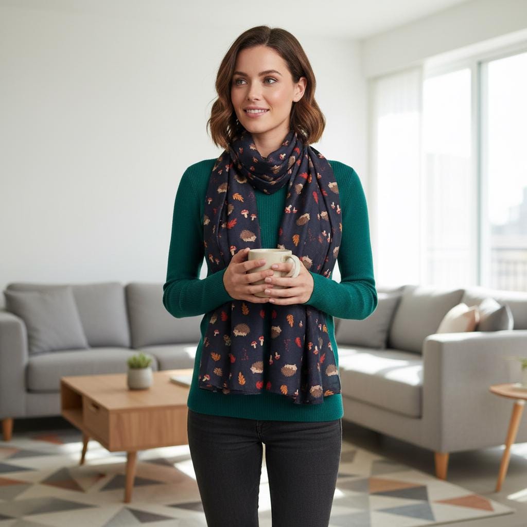 Hedgehog Print Scarf | Navy Autumn Mushroom Leaf Wrap | Women's Scarf Comes with a gift bag