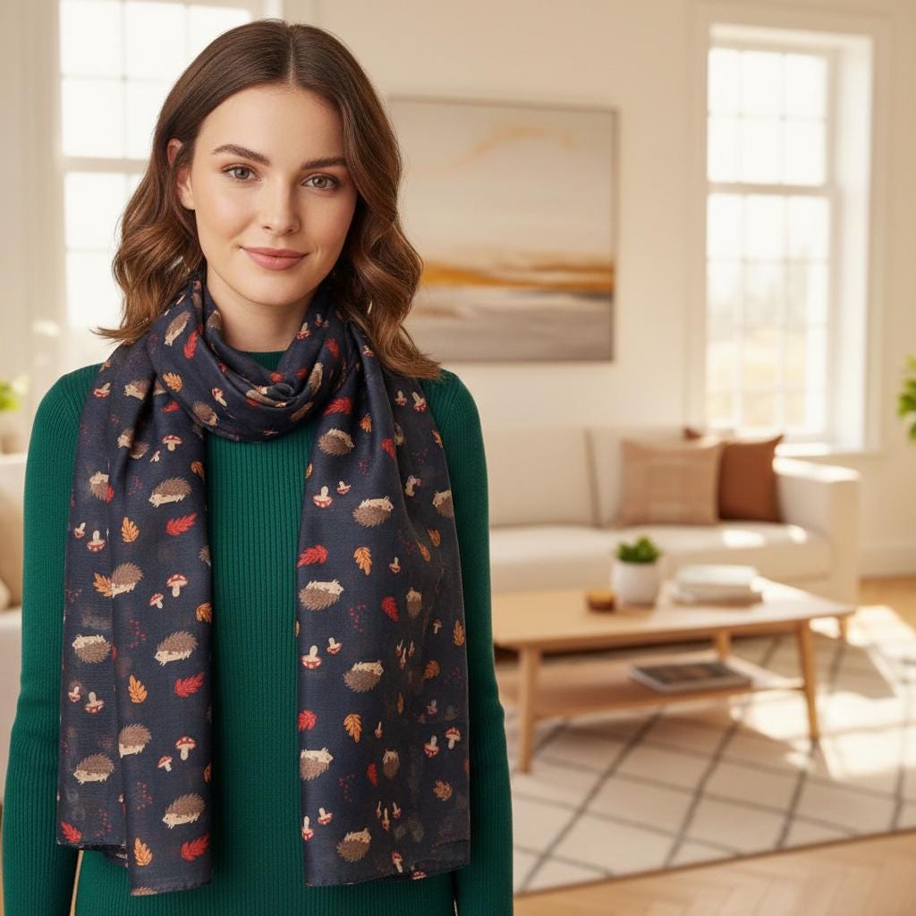Hedgehog Print Scarf | Navy Autumn Mushroom Leaf Wrap | Women's Scarf Comes with a gift bag